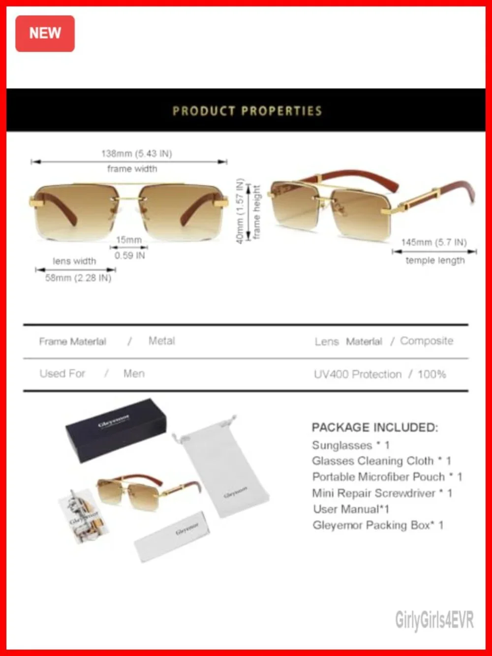 Men's Rimless Rectangle Sunglasses with UV400 Protection
